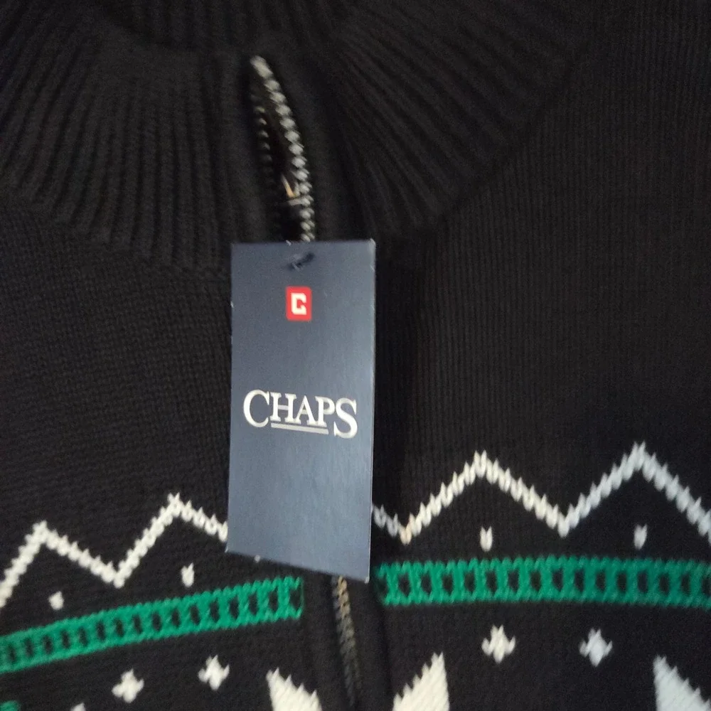 Chaps Quarter Zip Sweater Mens XL Black Fair Isle Snowflake Cotton Knit